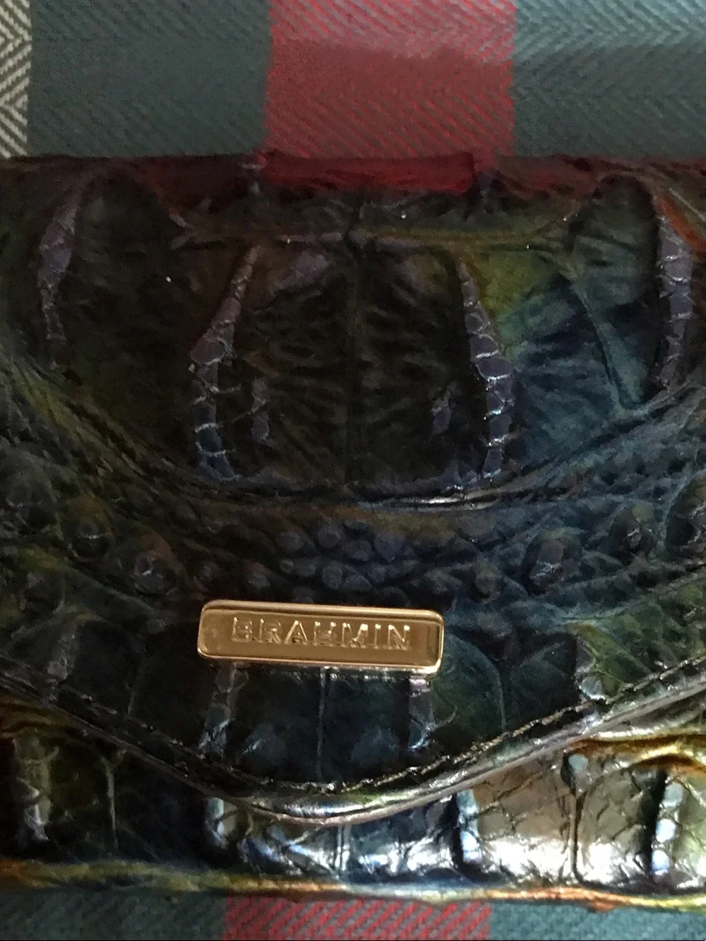 Brahmin Iridescent Green Blue Croc-Embossed Envelope Clutch